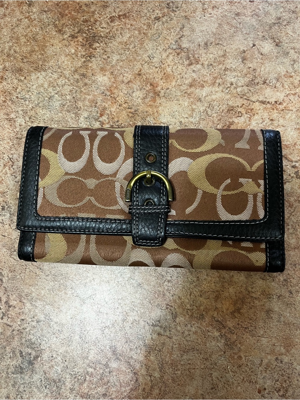 Coach Brown/Tan Signature Canvas Continental Wallet with Dark Brown Trim